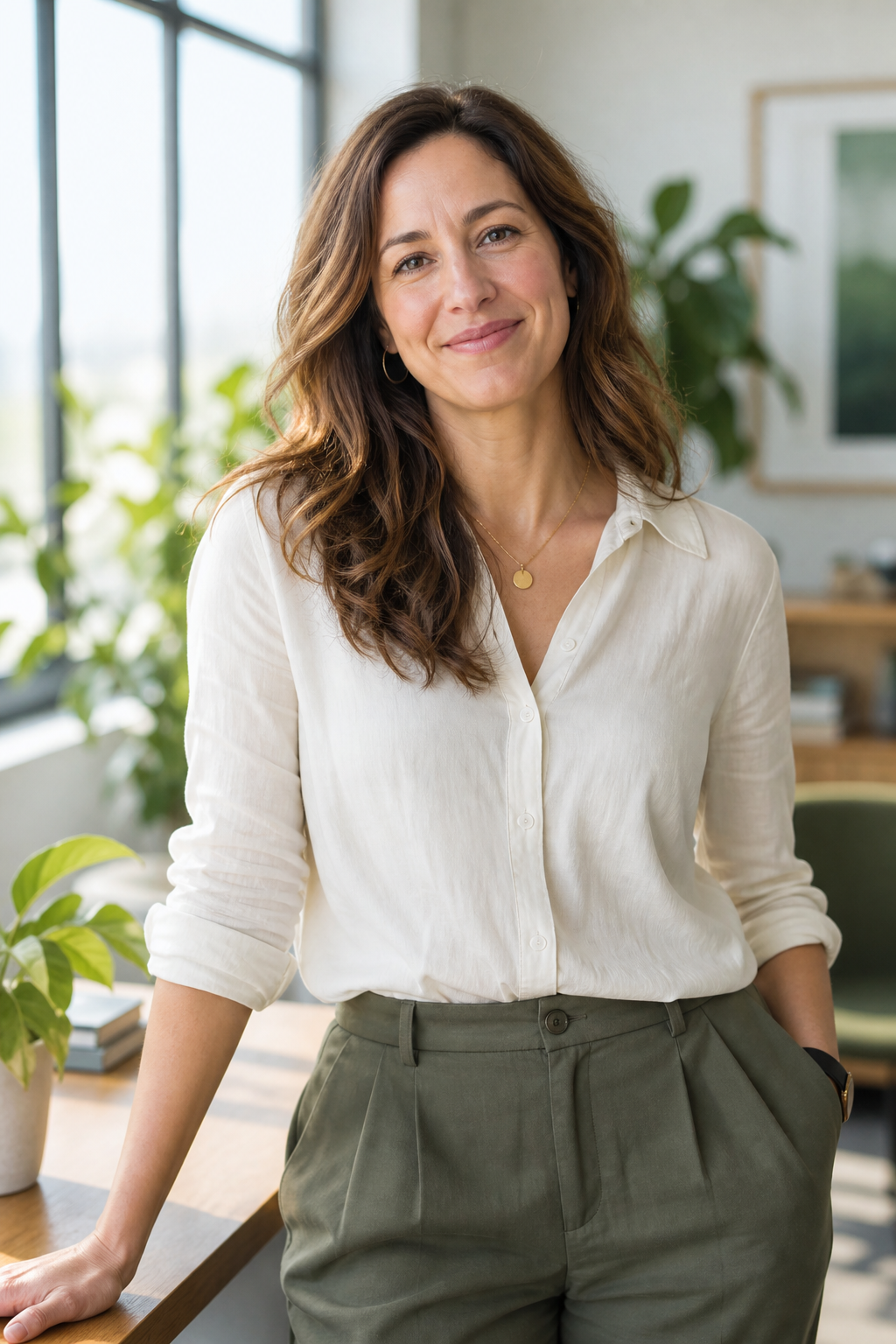 Illustrative image of a smiling business professional in a bright office